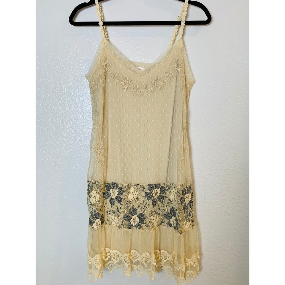 Tea N Lace Dress Womens Small Cream Cottagecore Lace Trim Mesh Coquette Gatsby
